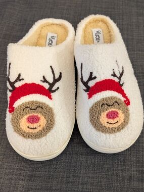 Olivia Miller Cream Reindeer Slip-On Slippers with Red Hats